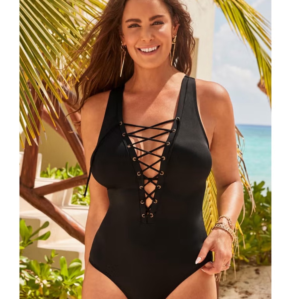 Swimsuits For All Black One Piece Lace-Up Swimsuit